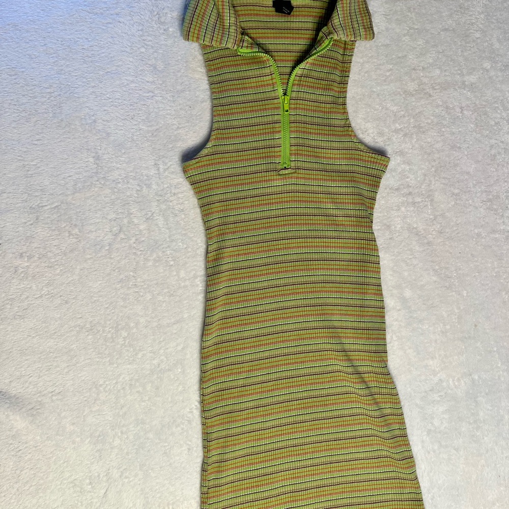 wild fable Neon Lime Ribbed Striped Zip-Collar Mini Dress